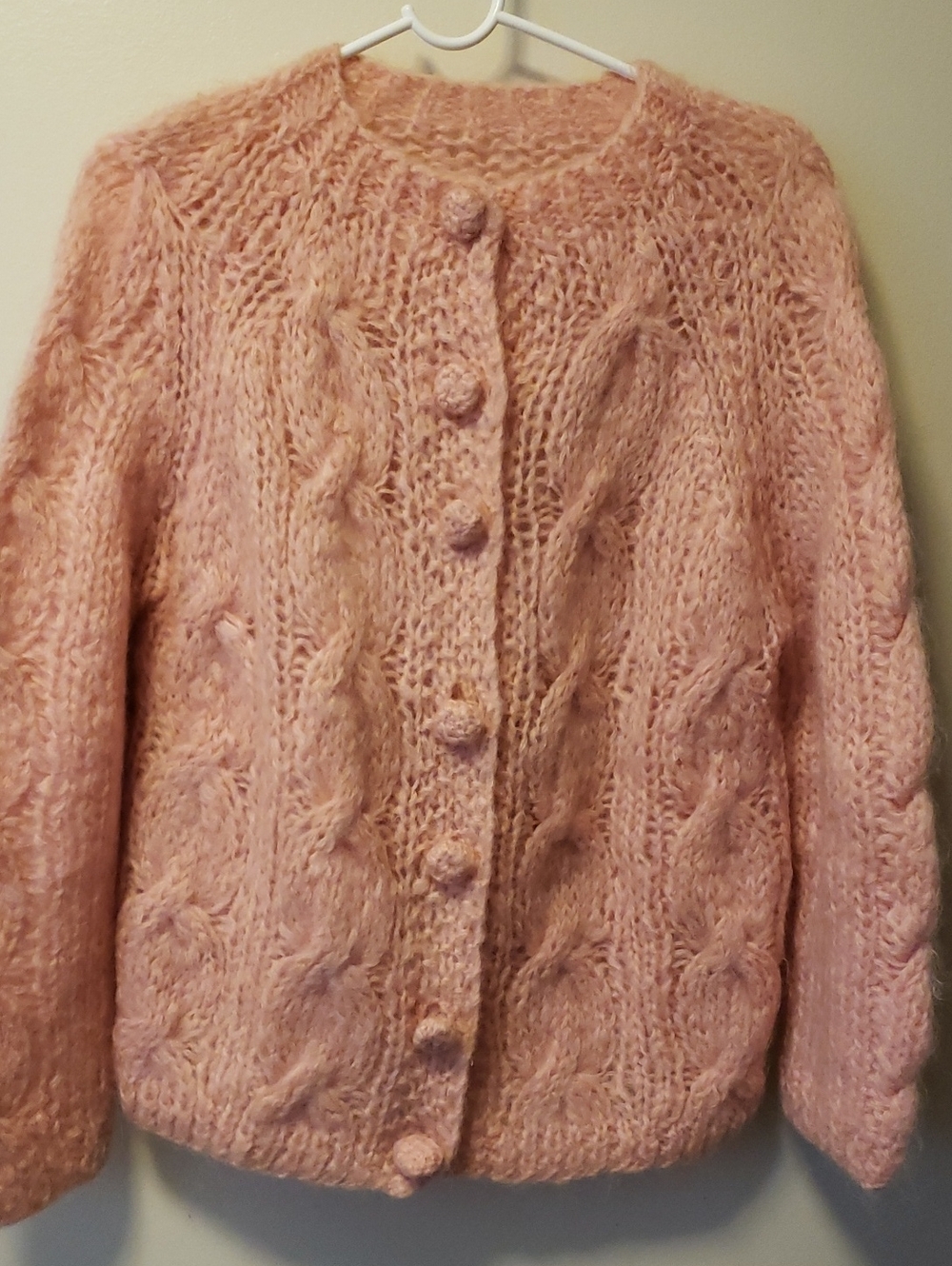 VTG Handmade Soft Fuzzy Pink Cable-Knit Women's Sweater Cardigan